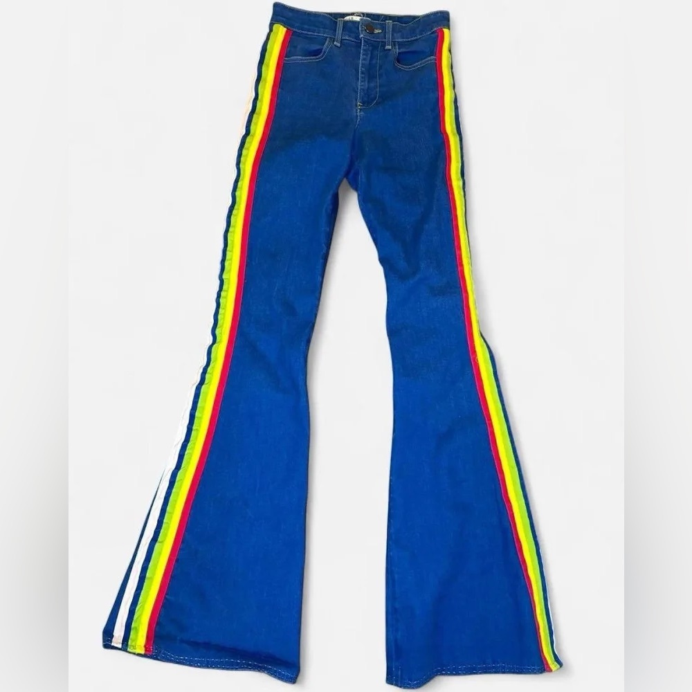 Blue Flared Jeans with Rainbow Stripes